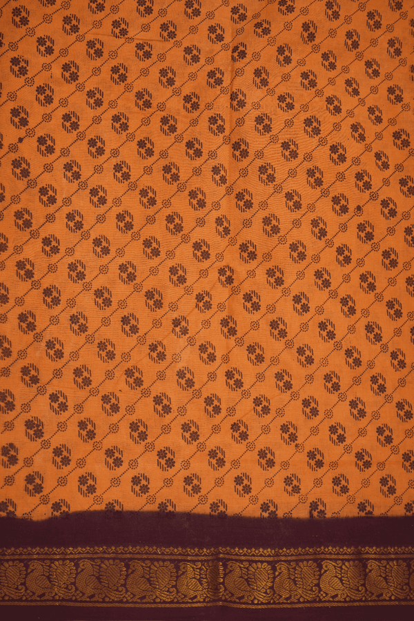 Floral Printed Design Orange Nine Yards Sungudi Cotton Saree