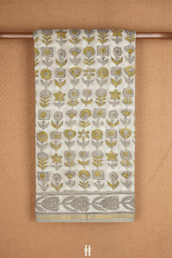 Floral Printed White Ajrakh Chanderi Cotton Saree