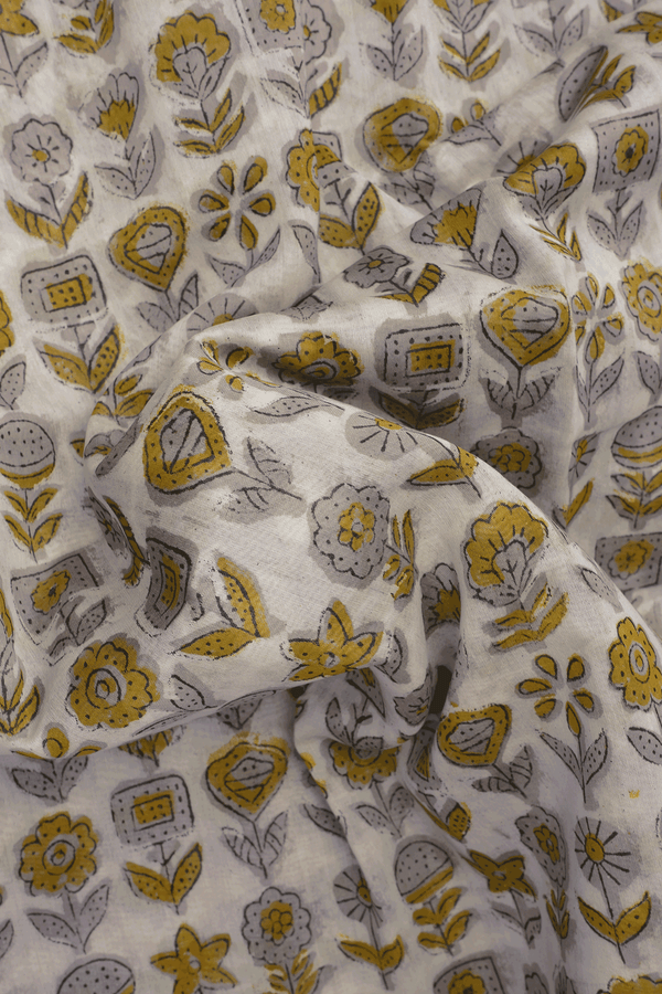 Floral Printed White Ajrakh Chanderi Cotton Saree