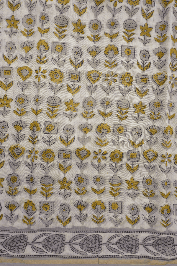 Floral Printed White Ajrakh Chanderi Cotton Saree