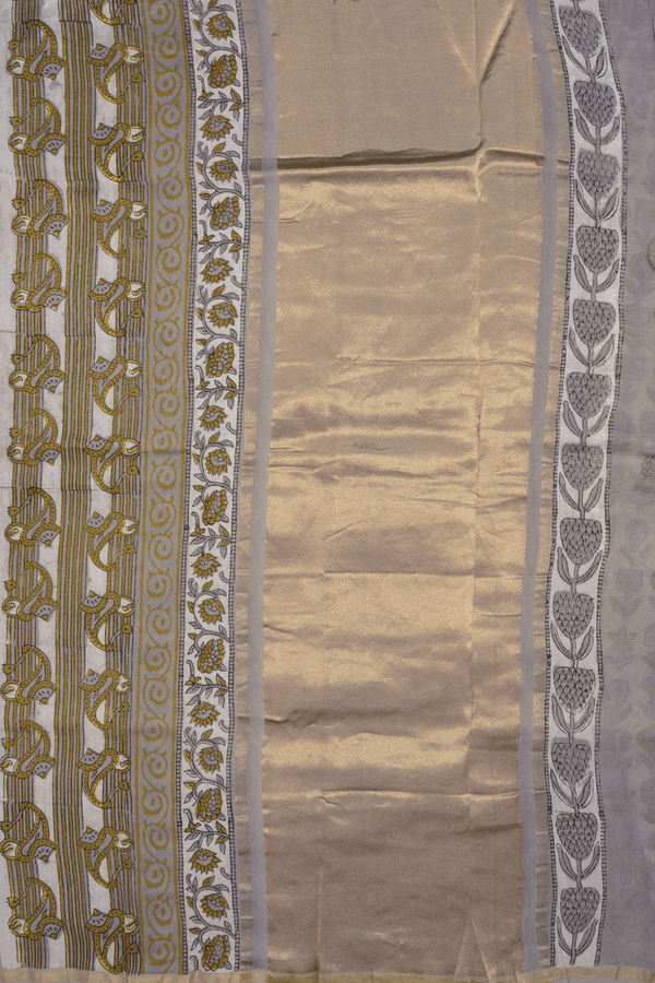 Floral Printed White Ajrakh Chanderi Cotton Saree