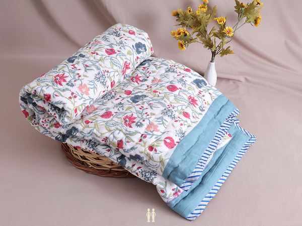Floral Printed White Cotton Single Size Quilt
