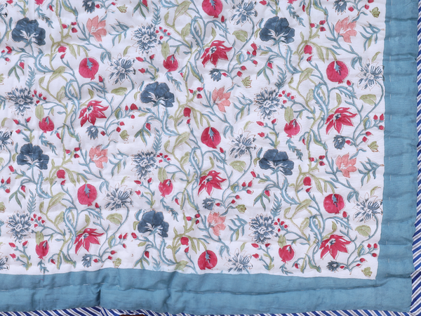 Floral Printed White Cotton Single Size Quilt