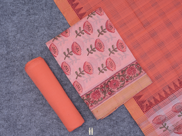 Floral Printed Peach Mangalagiri Cotton Salwar Material
