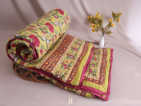 Floral Printed Yellow Cotton Double Size Quilt