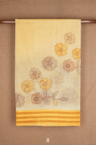 Floral Printed Design Yellow Kota Silk Saree