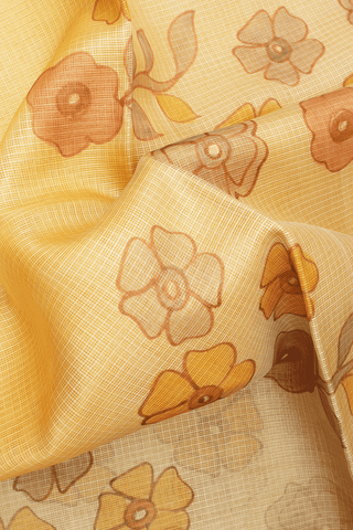 Floral Printed Design Yellow Kota Silk Saree