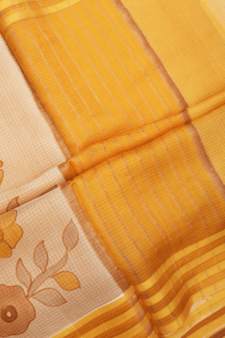 Floral Printed Design Yellow Kota Silk Saree