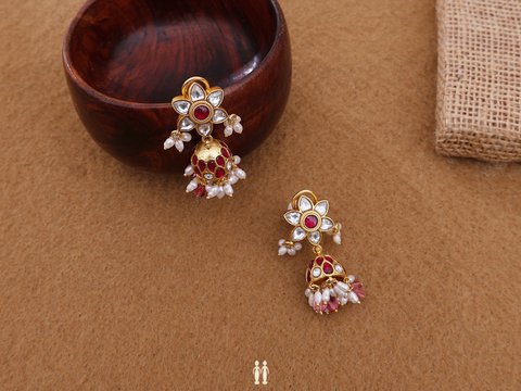 Floral Stud With Kemp Stone Gold Plated Silver Jhumkas