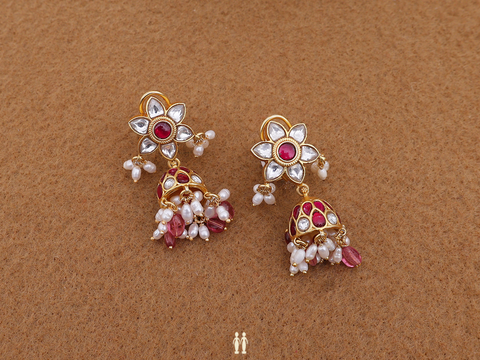 Floral Stud With Kemp Stone Gold Plated Silver Jhumkas