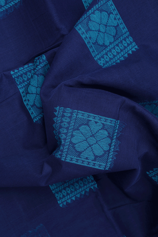 Floral Threadwork Buttas Navy Blue Kanchi Cotton Saree