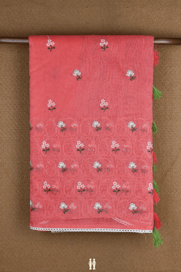 Floral Threadwork Buttas Pastel Red Kota Cotton Saree