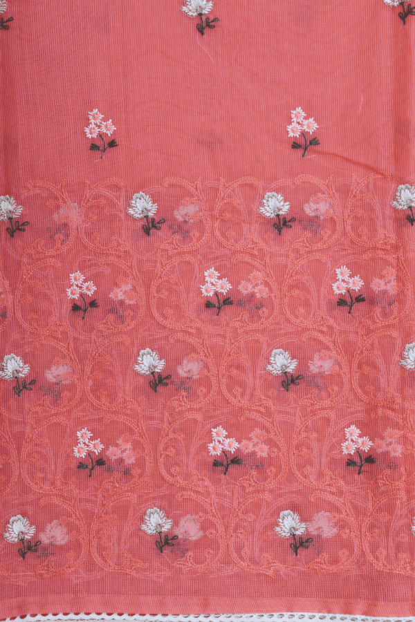 Floral Threadwork Buttas Pastel Red Kota Cotton Saree