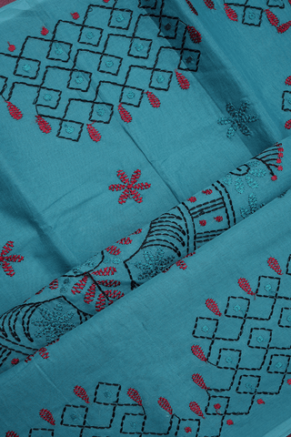 Floral Threadwork Buttas Turkish Blue Ahmedabad Cotton Saree
