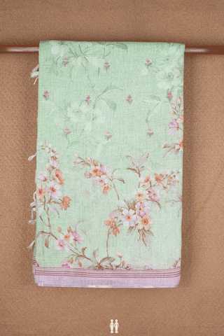 Floral Threadwork Buttis Pastel Green Linen Saree