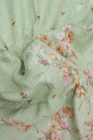 Floral Threadwork Buttis Pastel Green Linen Saree