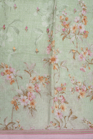 Floral Threadwork Buttis Pastel Green Linen Saree