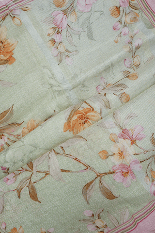 Floral Threadwork Buttis Pastel Green Linen Saree
