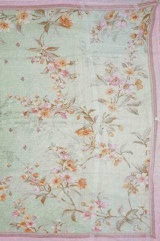 Floral Threadwork Buttis Pastel Green Linen Saree
