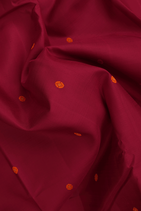 Floral Threadwork Buttis Ruby Red Kanchipuram Silk Saree