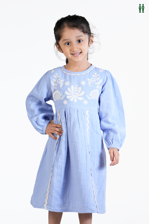 Floral Threadwork Design Blue Purple Cotton Frock