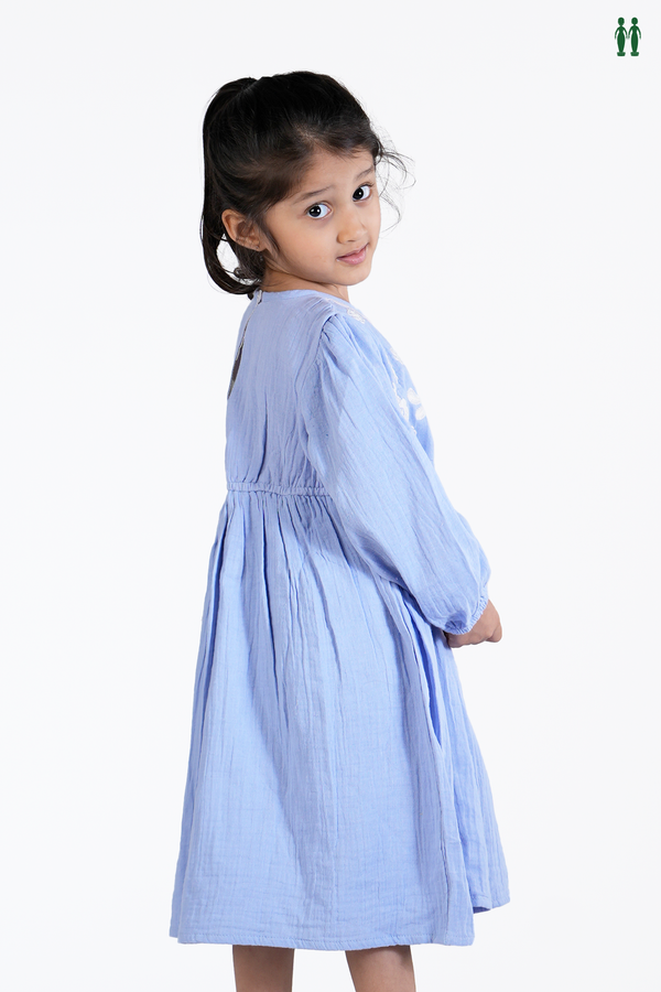 Floral Threadwork Design Blue Purple Cotton Frock