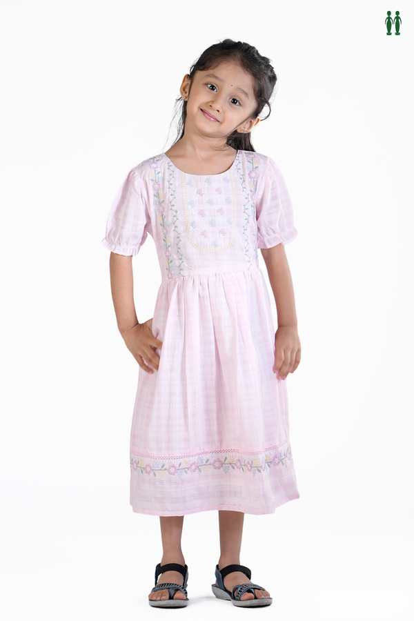 Floral Threadwork Design Pastel Pink Cotton Frock
