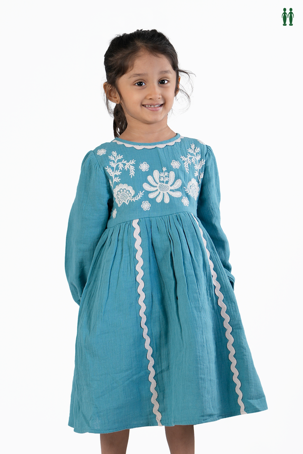 Floral Threadwork Design Teal Blue Cotton Frock