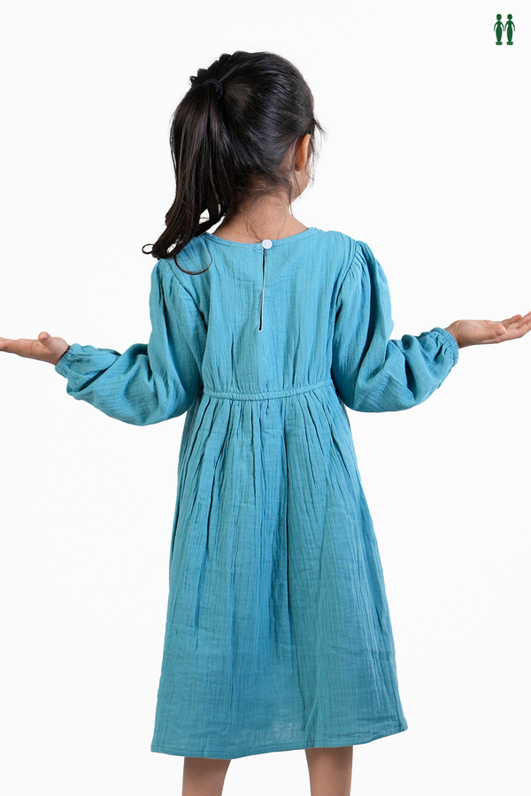 Floral Threadwork Design Teal Blue Cotton Frock