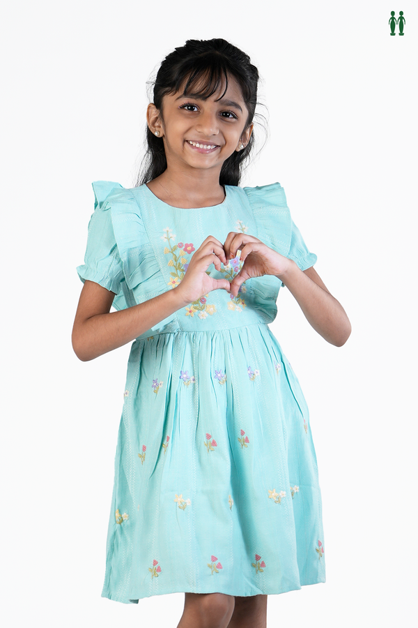 Floral Threadwork Design Tiffany Blue Cotton Frock