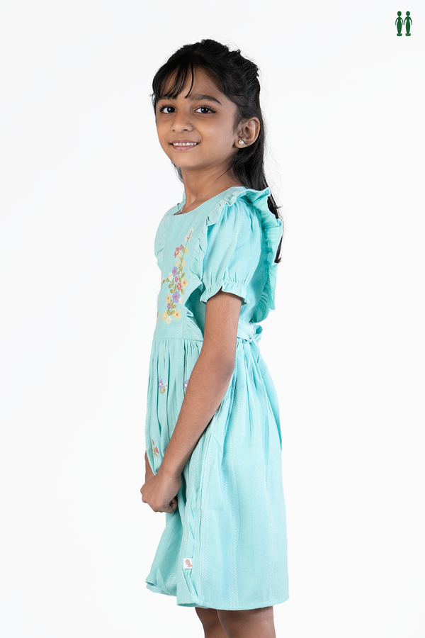 Floral Threadwork Design Tiffany Blue Cotton Frock