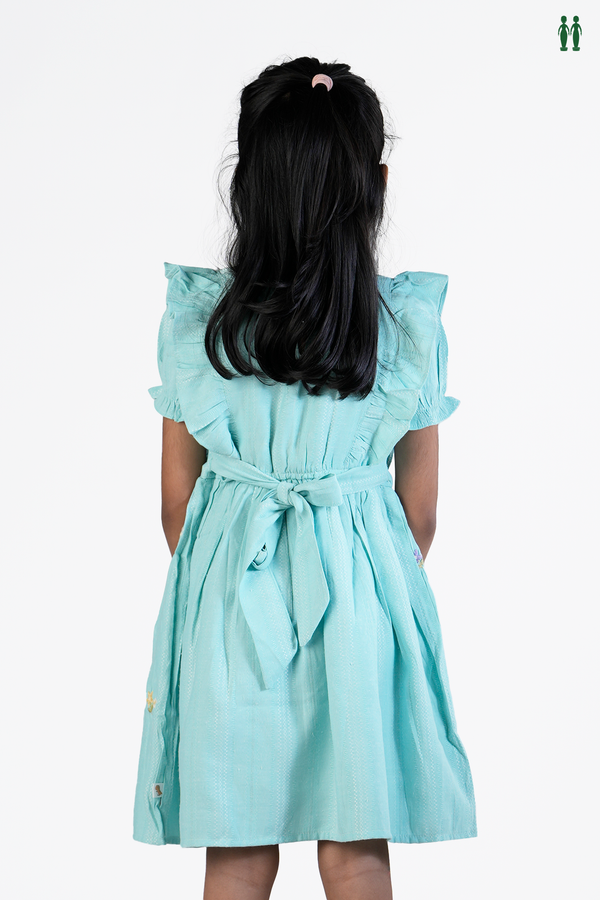 Floral Threadwork Design Tiffany Blue Cotton Frock