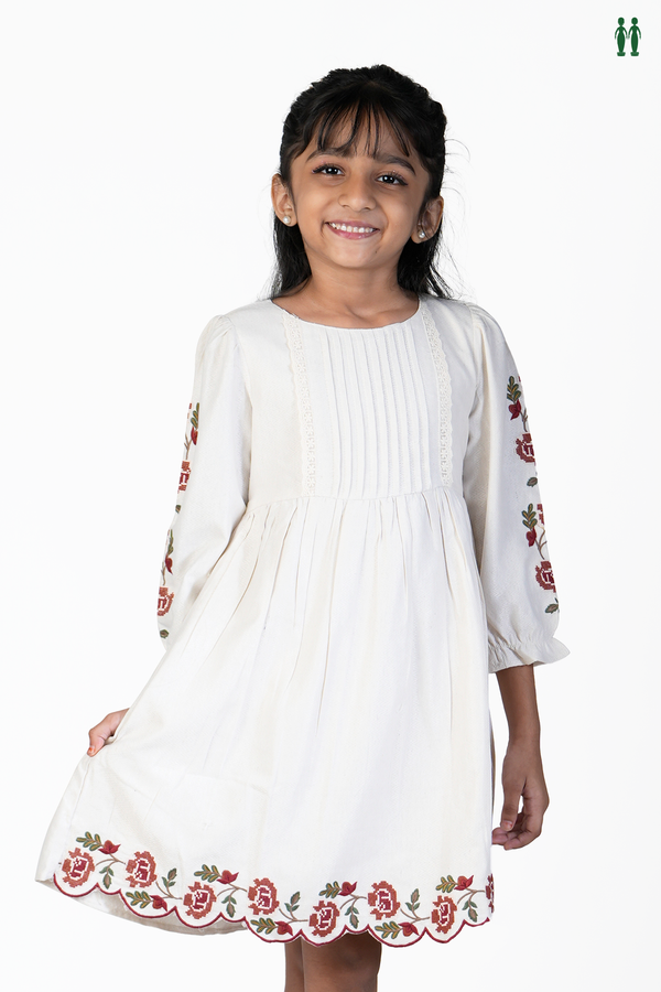 Floral Threadwork Design White Cotton Frock