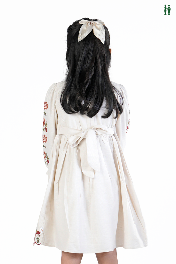 Floral Threadwork Design White Cotton Frock