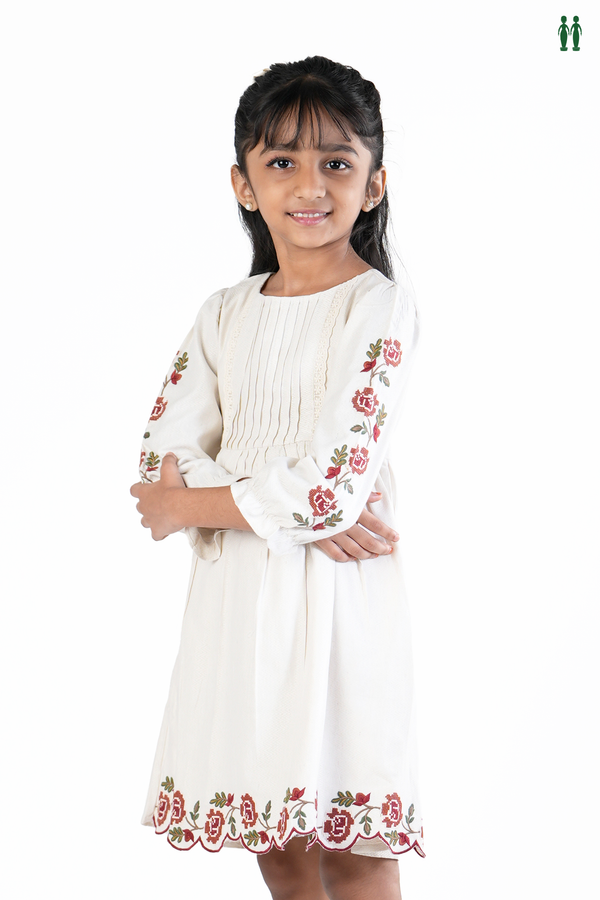 Floral Threadwork Design White Cotton Frock