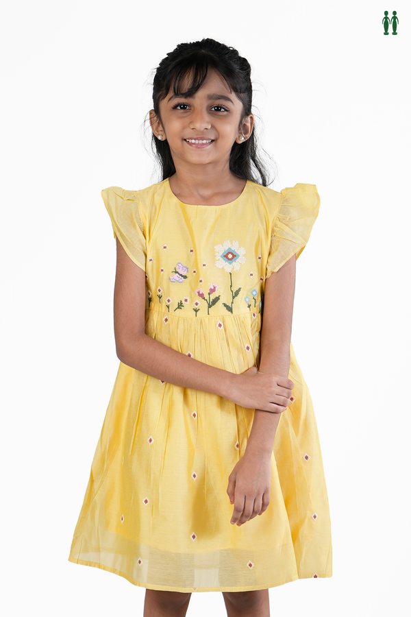 Floral Threadwork Design Yellow Cotton Frock