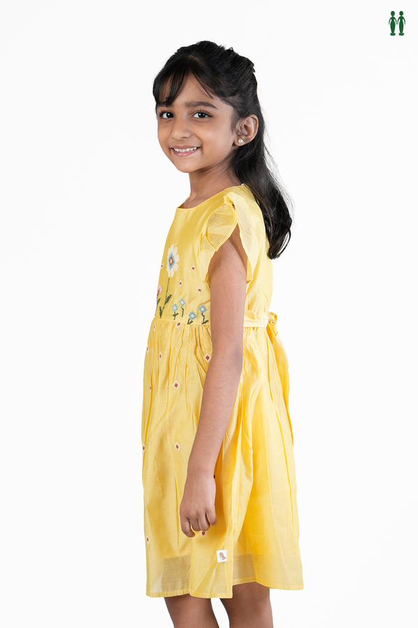 Floral Threadwork Design Yellow Cotton Frock