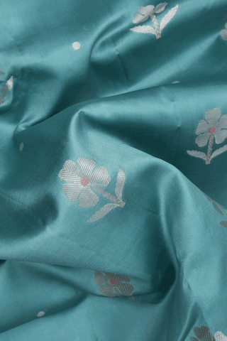 Floral Zari Buttas Turkish Blue Raw Silk Saree