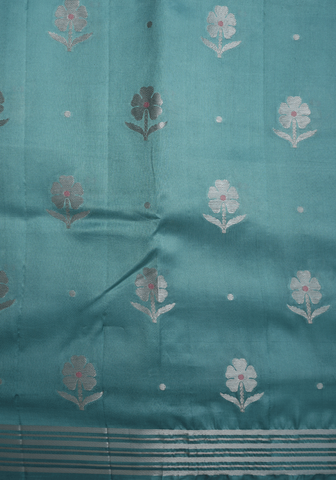 Floral Zari Buttas Turkish Blue Raw Silk Saree