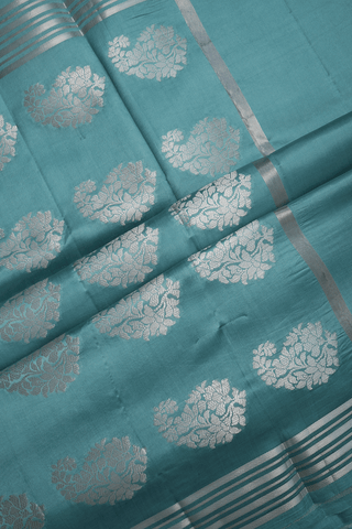 Floral Zari Buttas Turkish Blue Raw Silk Saree
