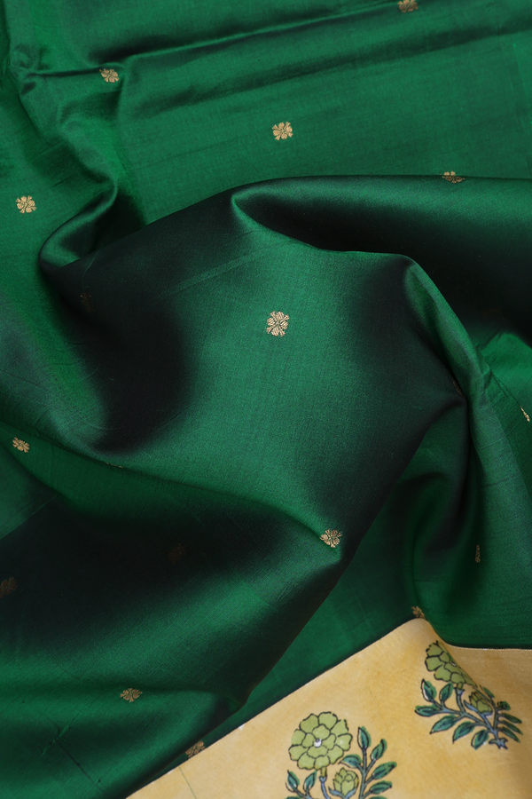 Floral Zari Buttis Forest Green Printed Silk Saree