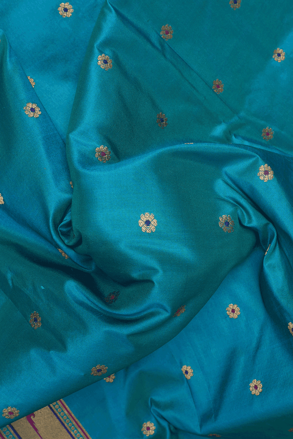 Floral Zari Buttis Peacock Blue Paithani Silk Saree