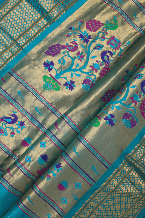Floral Zari Buttis Peacock Blue Paithani Silk Saree
