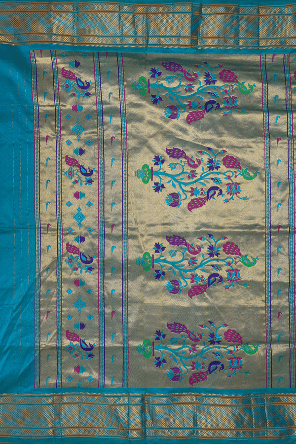 Floral Zari Buttis Peacock Blue Paithani Silk Saree