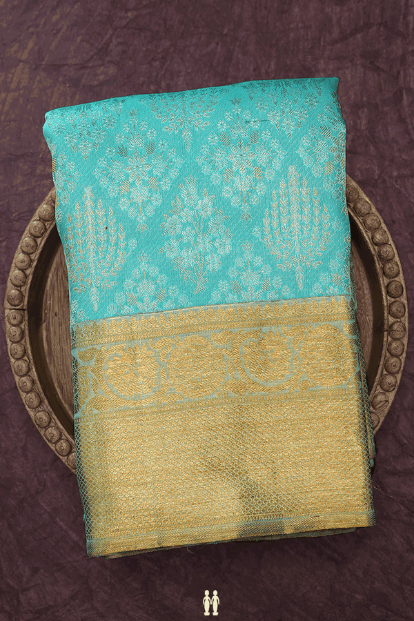 Floral Zari Design Turquoise Blue Kanchipuram Silk Saree