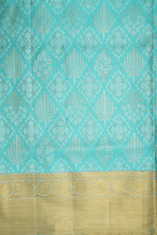 Floral Zari Design Turquoise Blue Kanchipuram Silk Saree
