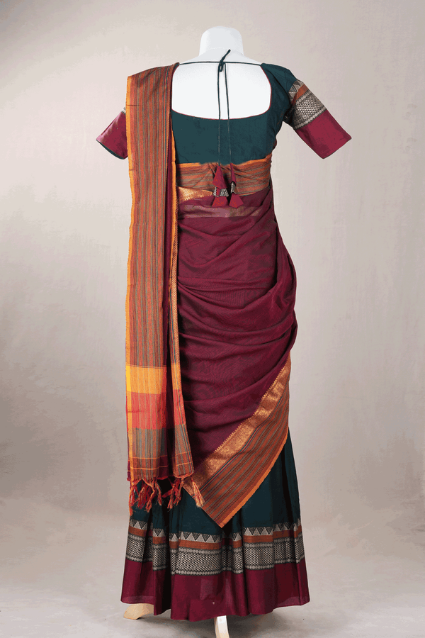 Forest Green Ruby Red Chettinadu Cotton Readymade Half Saree