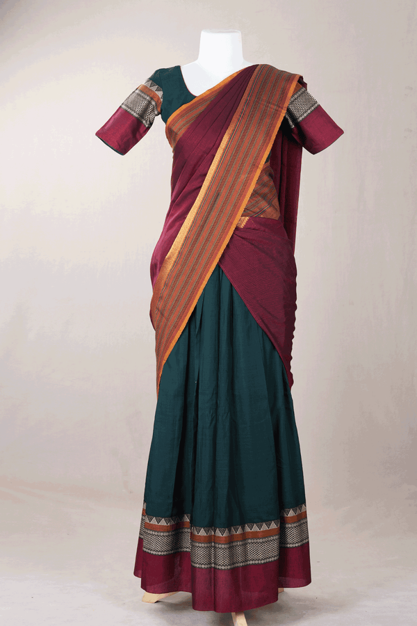 Forest Green Ruby Red Chettinadu Cotton Readymade Half Saree