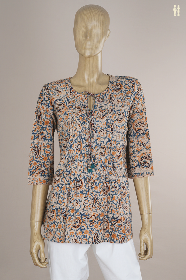 Front Tie-up Neck Multicolor Kalamkari Cotton Short Top