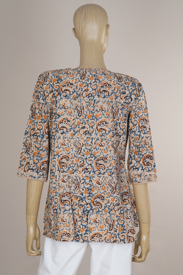 Front Tie-up Neck Multicolor Kalamkari Cotton Short Top